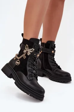 Botki Workery Damskie Ocieplane Ze Złotym Łańcuchem I Zawieszkami Czarne Ravine