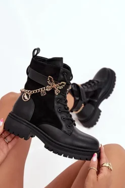 Botki Workery Damskie Ocieplane Ze Złotym Łańcuchem I Zawieszkami Czarne Ravine