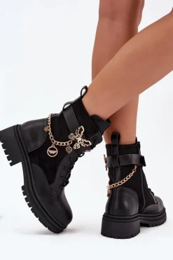 Botki Workery Damskie Ocieplane Ze Złotym Łańcuchem I Zawieszkami Czarne Ravine