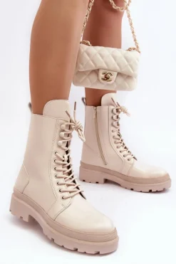 Botki Workery Damskie Ekoskóra Jasnobeżowe Irande