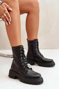 Botki Workery Damskie Eko Skórzane Z Przypinkami Czarne Kristines