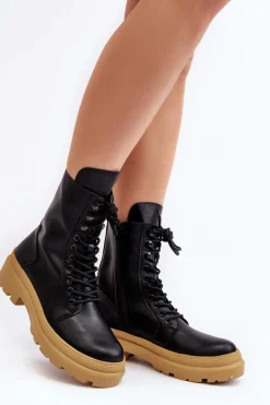 Botki Workery Damskie Ekoskóra Czarne Irande - Jasna Podeszwa