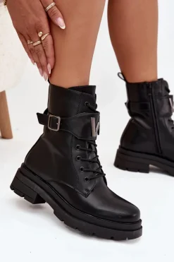 Botki Workery Damskie Eko Skórzane Z Ozdobnym Paskiem Czarne Ylianne
