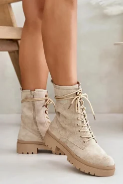 Botki Workery Damskie Na Zamek Z Eko Zamszu Beżowe Savalann