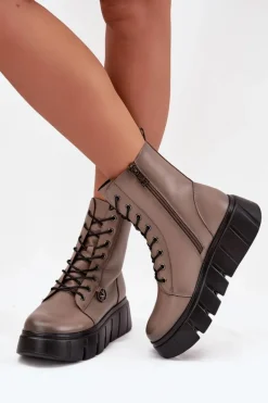 Botki Workery Damskie Na Platformie Ocieplane Vinceza 58588 Ciemnobeżowe