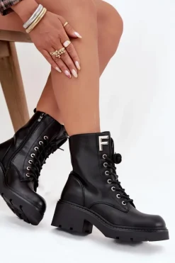 Botki Workery Damskie Na Klocku Ocieplane Z Literą F Czarne Lurina