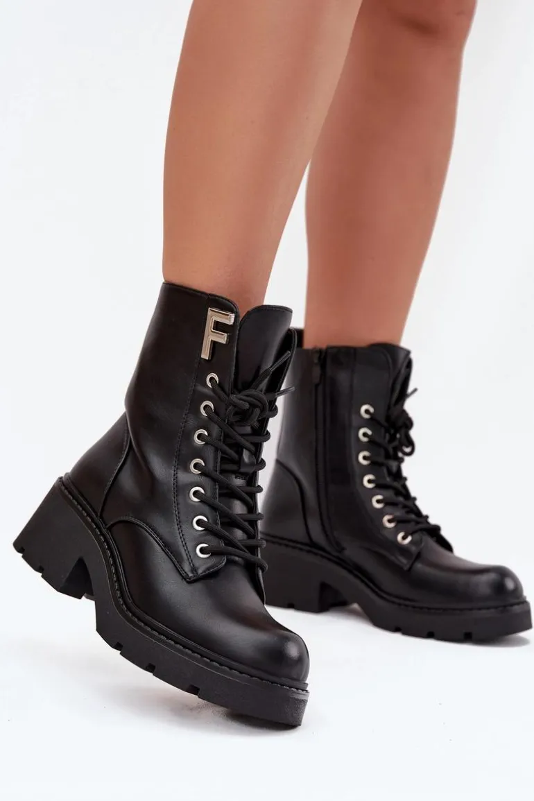 Botki Workery Damskie Na Klocku Ocieplane Z Literą F Czarne Lurina