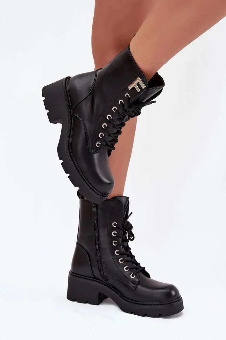 Botki Workery Damskie Na Klocku Ocieplane Z Literą F Czarne Lurina