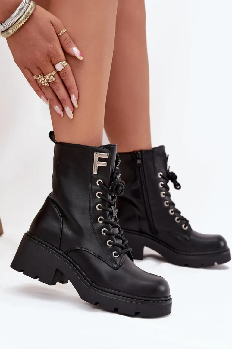 Botki Workery Damskie Na Klocku Ocieplane Z Literą F Czarne Lurina