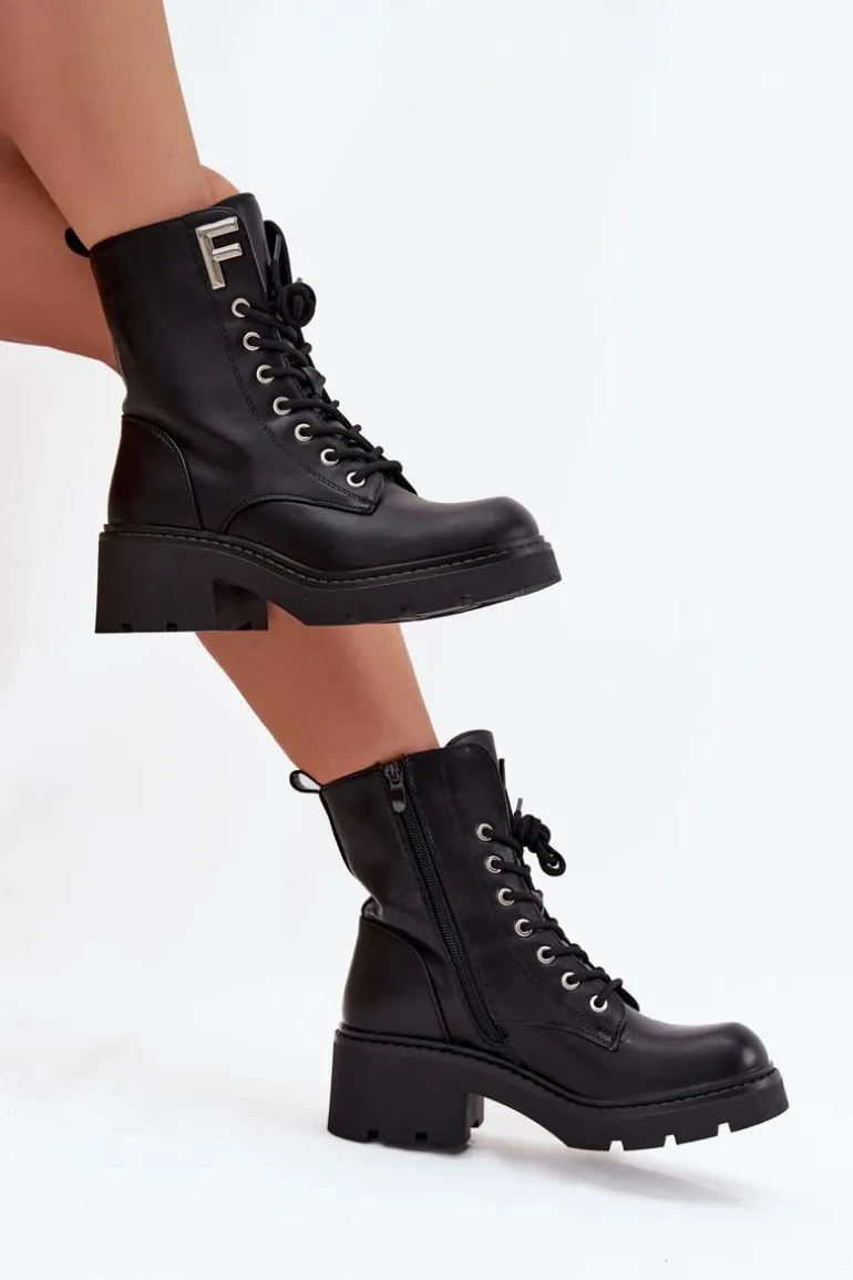 Botki Workery Damskie Na Klocku Ocieplane Z Literą F Czarne Lurina