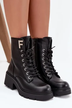 Botki Workery Damskie Na Klocku Ocieplane Z Literą F Czarne Lurina