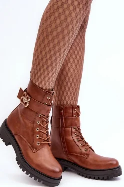 Botki Workery Damskie Na Suwak Z Ozdobą Brązowe Ciossava