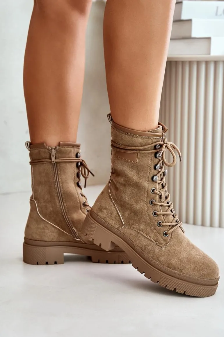 Botki Workery Damskie Na Zamek Z Eko Zamszu Ciemnobeżowe Savalann