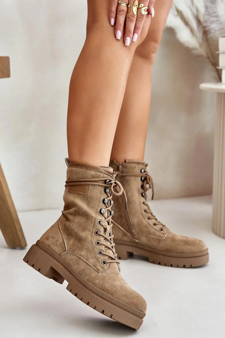 Botki Workery Damskie Na Zamek Z Eko Zamszu Ciemnobeżowe Savalann