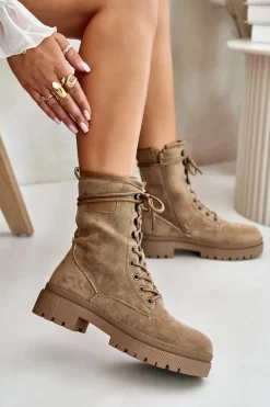 Botki Workery Damskie Na Zamek Z Eko Zamszu Ciemnobeżowe Savalann