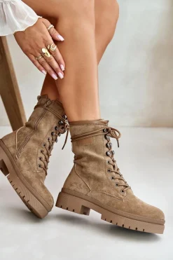 Botki Workery Damskie Na Zamek Z Eko Zamszu Ciemnobeżowe Savalann