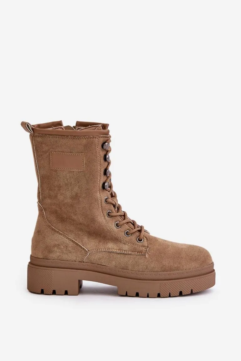 Botki Workery Damskie Na Zamek Z Eko Zamszu Ciemnobeżowe Savalann