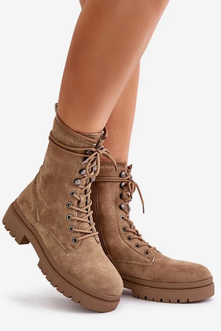 Botki Workery Damskie Na Zamek Z Eko Zamszu Ciemnobeżowe Savalann