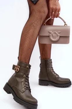 Botki Workery Damskie Na Suwak Z Ozdobą Ciemnozielone Ciossava