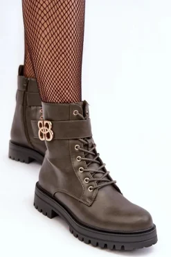 Botki Workery Damskie Na Suwak Z Ozdobą Ciemnozielone Ciossava