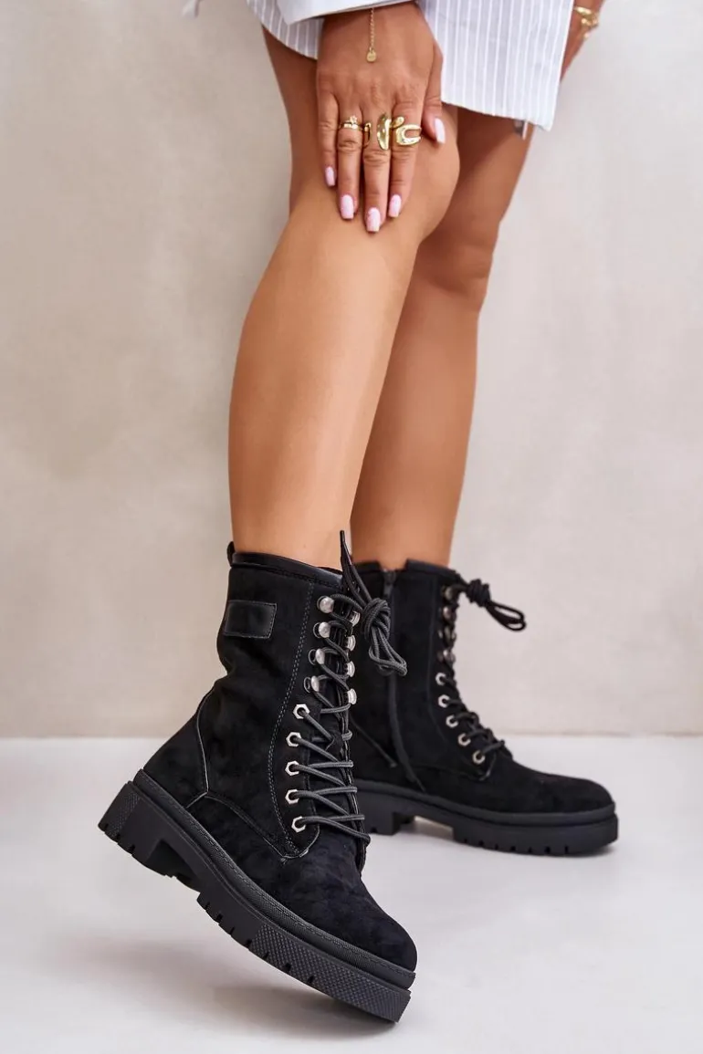 Botki Workery Damskie Na Zamek Z Eko Zamszu Czarne Savalann