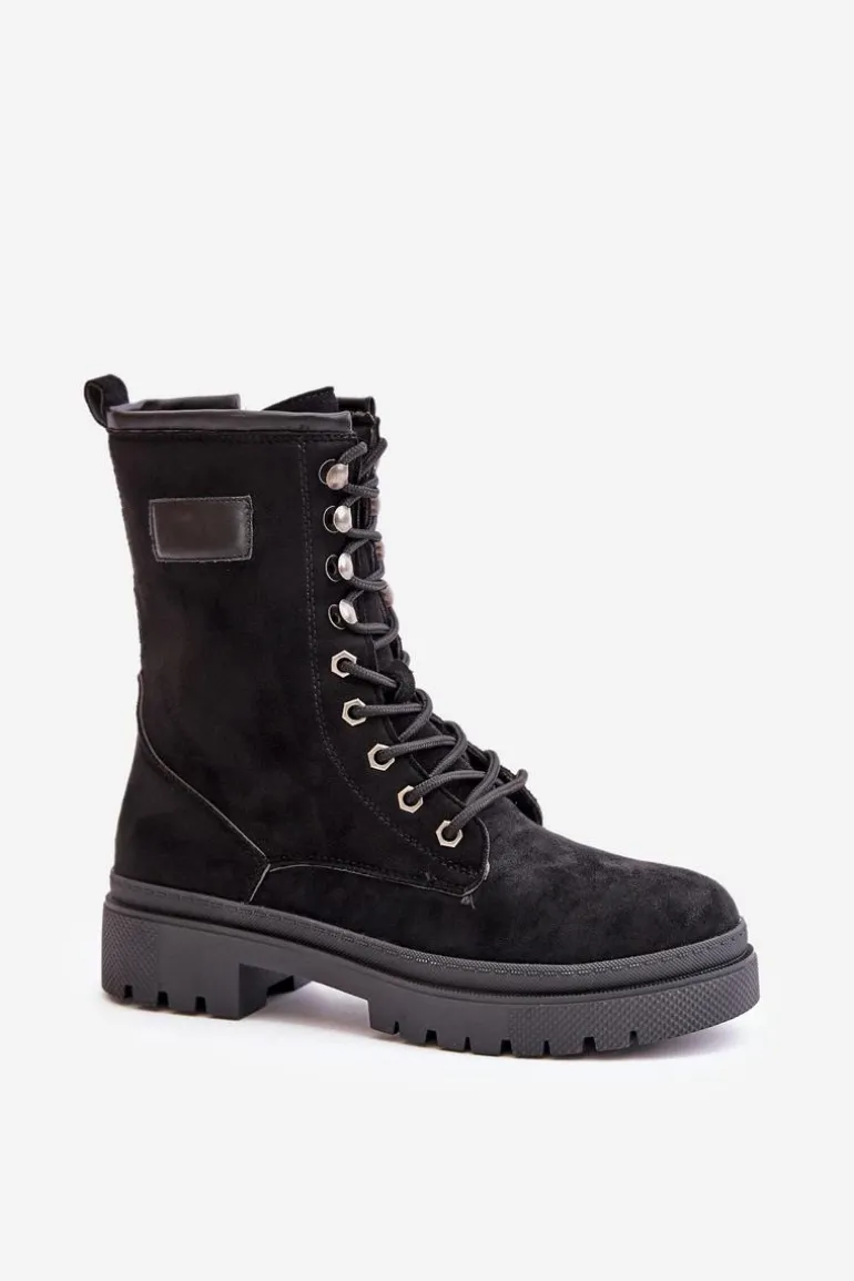 Botki Workery Damskie Na Zamek Z Eko Zamszu Czarne Savalann