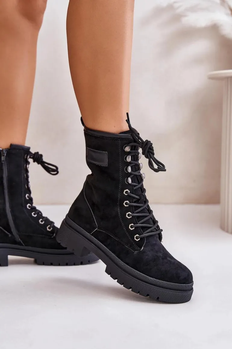 Botki Workery Damskie Na Zamek Z Eko Zamszu Czarne Savalann