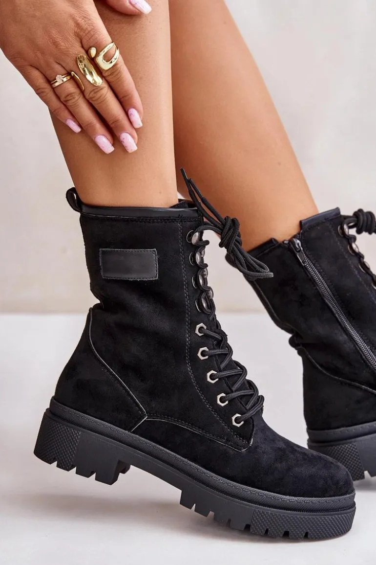 Botki Workery Damskie Na Zamek Z Eko Zamszu Czarne Savalann