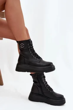 Botki Workery Damskie Ocieplane Na Platformie Z Ozdobnym Detalem Vinceza 16513 Czarne