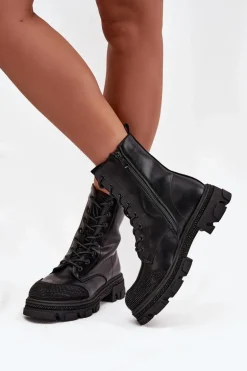 Botki Workery Damskie Ocieplane Ze Zdobieniem S.Barski HY42-982 Czarne