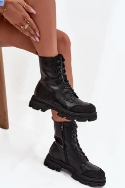 Botki Workery Damskie Ocieplane Ze Zdobieniem S.Barski HY42-982 Czarne