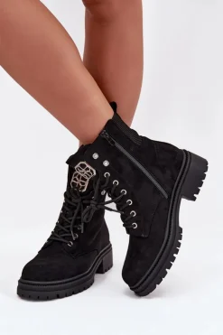 Botki Workery Damskie Ocieplane Z Ozdobami Czarne Olivira
