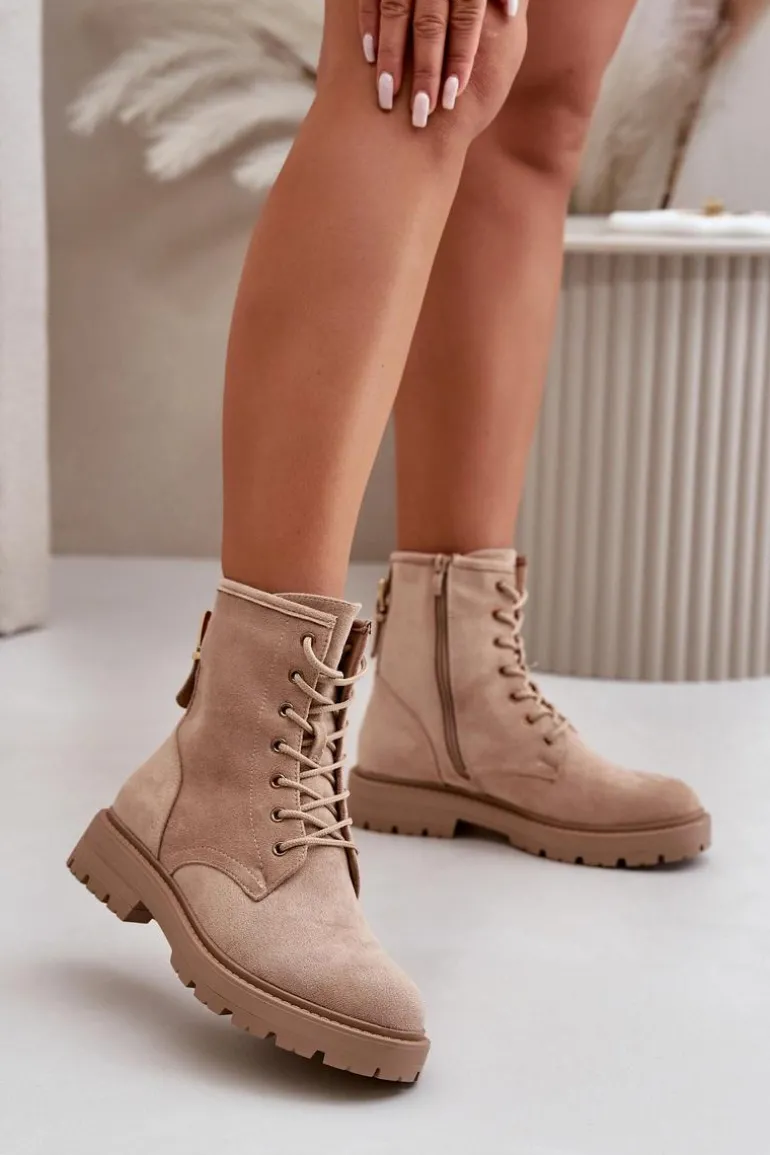 Botki Workery Damskie Ocieplane Na Zamek Eko Zamszowe Beżowe Mardia