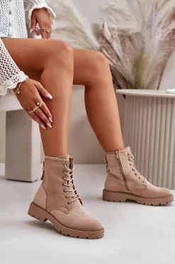 Botki Workery Damskie Ocieplane Na Zamek Eko Zamszowe Beżowe Mardia