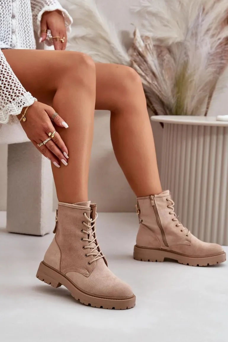 Botki Workery Damskie Ocieplane Na Zamek Eko Zamszowe Beżowe Mardia