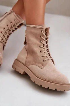 Botki Workery Damskie Ocieplane Na Zamek Eko Zamszowe Beżowe Mardia