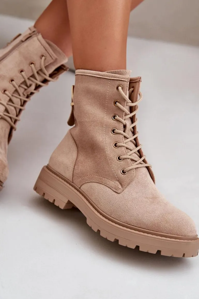 Botki Workery Damskie Ocieplane Na Zamek Eko Zamszowe Beżowe Mardia