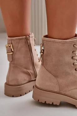 Botki Workery Damskie Ocieplane Na Zamek Eko Zamszowe Beżowe Mardia