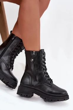 Botki Workery Damskie Ocieplane Z Podwójnym Zamkiem Czarne Perlina