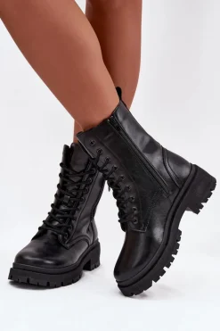 Botki Workery Damskie Ocieplane Z Podwójnym Zamkiem Czarne Perlina