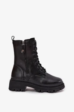 Botki Workery Damskie Ocieplane Z Podwójnym Zamkiem Czarne Perlina