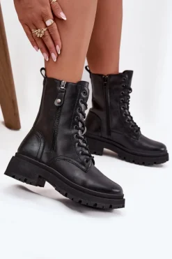 Botki Workery Damskie Ocieplane Z Podwójnym Zamkiem Czarne Perlina