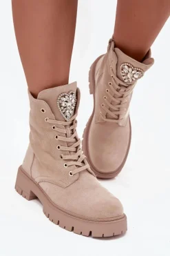 Botki Workery Damskie Z Kryształkami Na Języku Jasnobeżowe Rosira