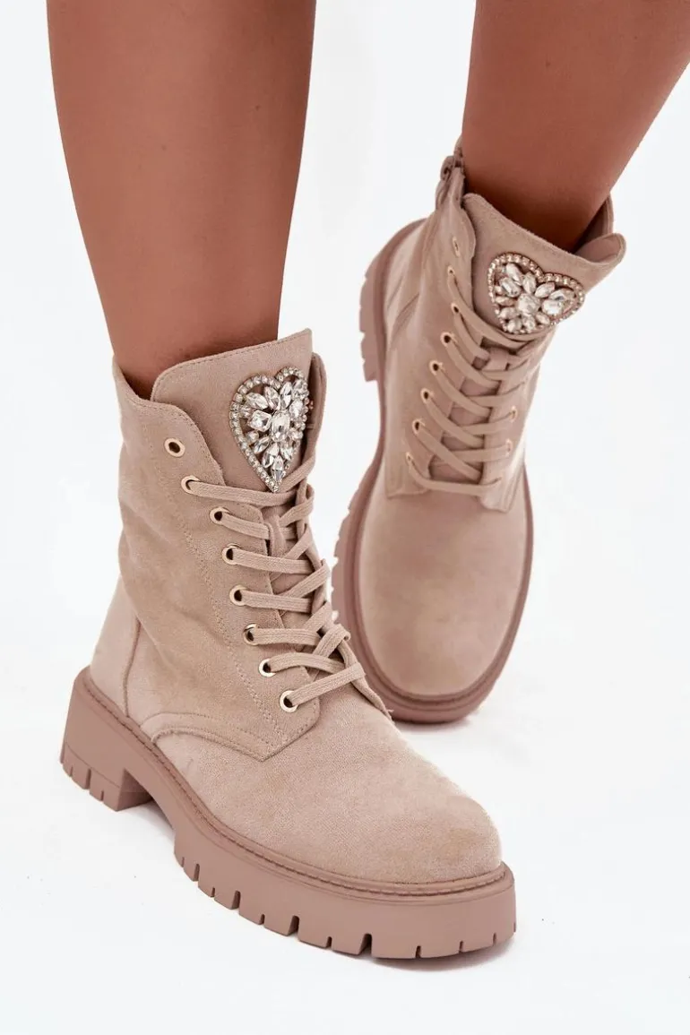 Botki Workery Damskie Z Kryształkami Na Języku Jasnobeżowe Rosira