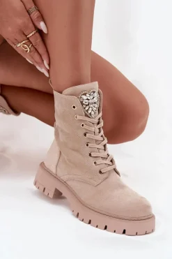 Botki Workery Damskie Z Kryształkami Na Języku Jasnobeżowe Rosira