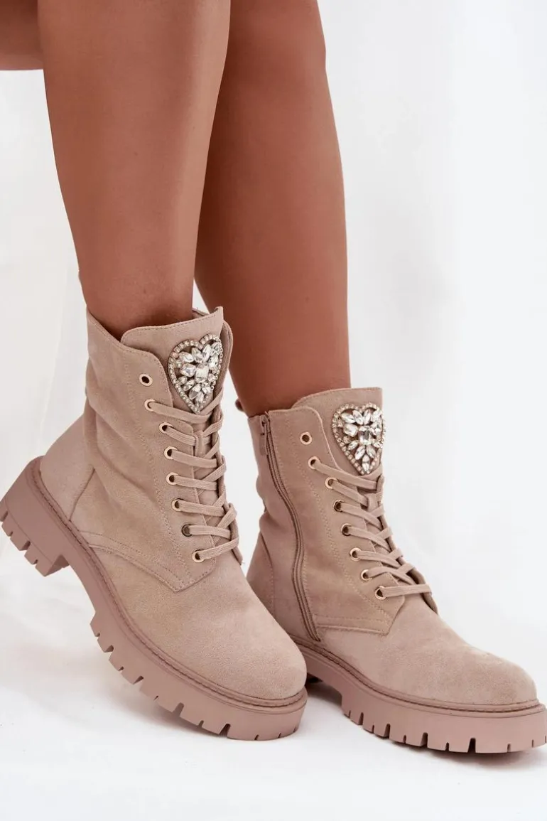 Botki Workery Damskie Z Kryształkami Na Języku Jasnobeżowe Rosira