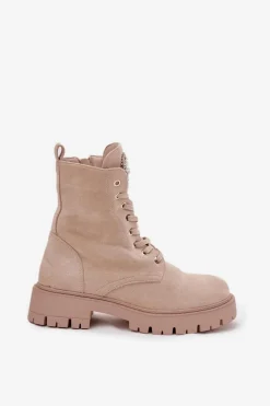 Botki Workery Damskie Z Kryształkami Na Języku Jasnobeżowe Rosira