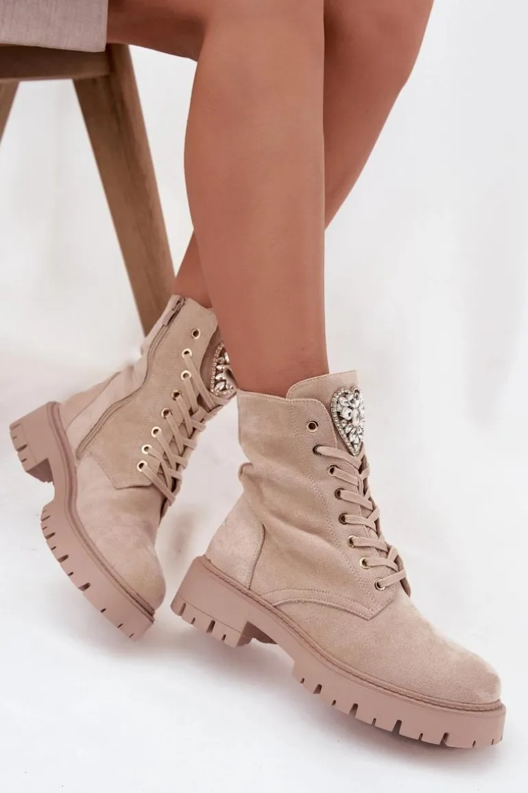 Botki Workery Damskie Z Kryształkami Na Języku Jasnobeżowe Rosira