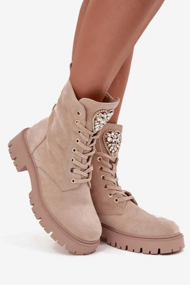 Botki Workery Damskie Z Kryształkami Na Języku Jasnobeżowe Rosira