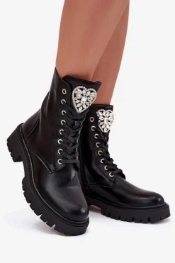 Botki Workery Damskie Z Kryształkami Na Języku Czarne Rosira